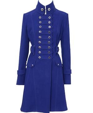 Blue, Collar, Sleeve, Textile, Outerwear, Standing, Electric blue, Style, Coat, Formal wear, 