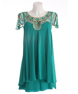 Sleeve, Green, Dress, Teal, Turquoise, One-piece garment, Aqua, Formal wear, Pattern, Fashion, 
