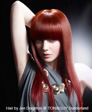 Lip, Hairstyle, Red, Style, Bangs, Long hair, Beauty, Hair coloring, Cool, Maroon, 