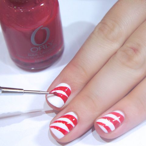 How to do Christmas candy cane nail art step-by-step pictures