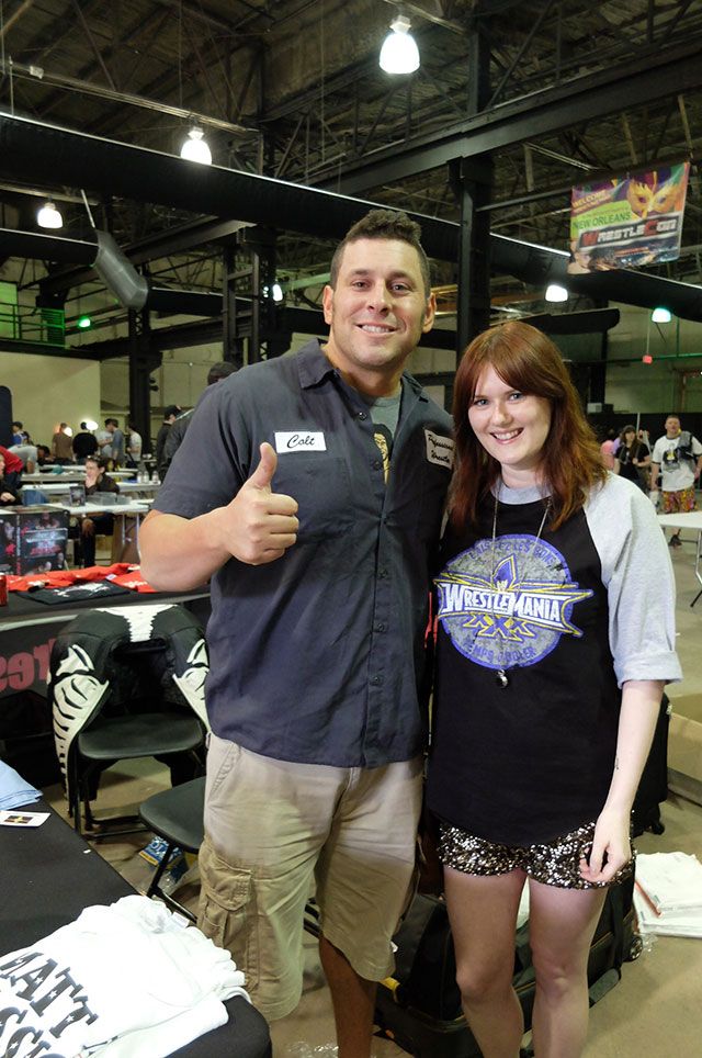<p>Lindsey Kelk and professional wrestler, Colt Cabana, at Wrestlecon 2014</p>