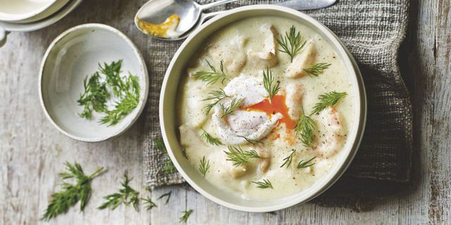 Smoked haddock chowder in bowl with poached egg on top