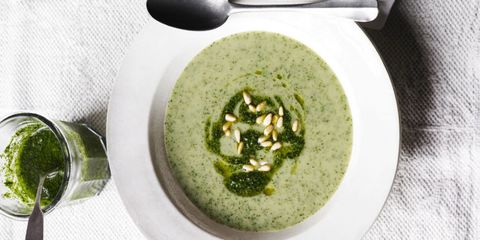 Wild garlic soup with pesto and pine nuts