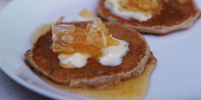 Buckwheat pancakes with salted butter and honey
