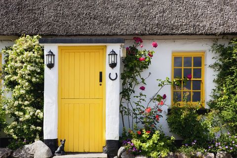 Yellow front door, front garden, Ballyvaghan, County Clare, Ireland