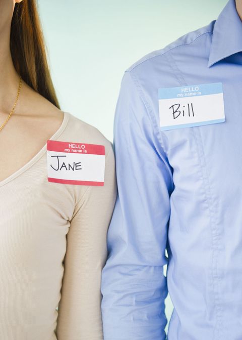 Name tags on woman and man - Jane and Bill