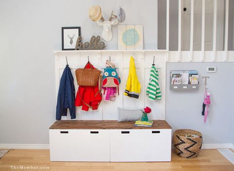 

<p>Instead of accepting the bare minimum, sometimes you have to push your storage with a little DIY savviness for a truly organised home. Here, two IKEA benches with cubbies gets a bonus bag and jacket holder to make this entryway even more functional.</p>
<p><em data-redactor-tag=