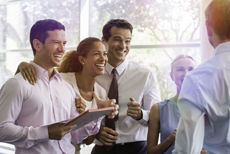 Dress shirt, Collar, Happy, Facial expression, Sharing, Temple, Tie, Friendship, Laugh, White-collar worker, 