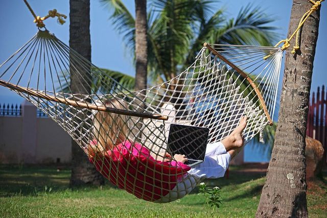 Nature, Hammock, People in nature, Net, Woody plant, Arecales, Palm tree, Mesh, Tropics, 