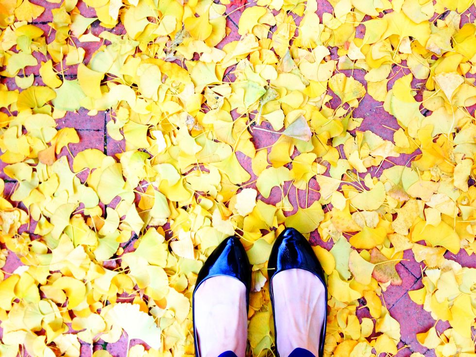 Yellow, Shoe, Purple, Leaf, Colorfulness, Pink, People in nature, Petal, Violet, Lavender, 
