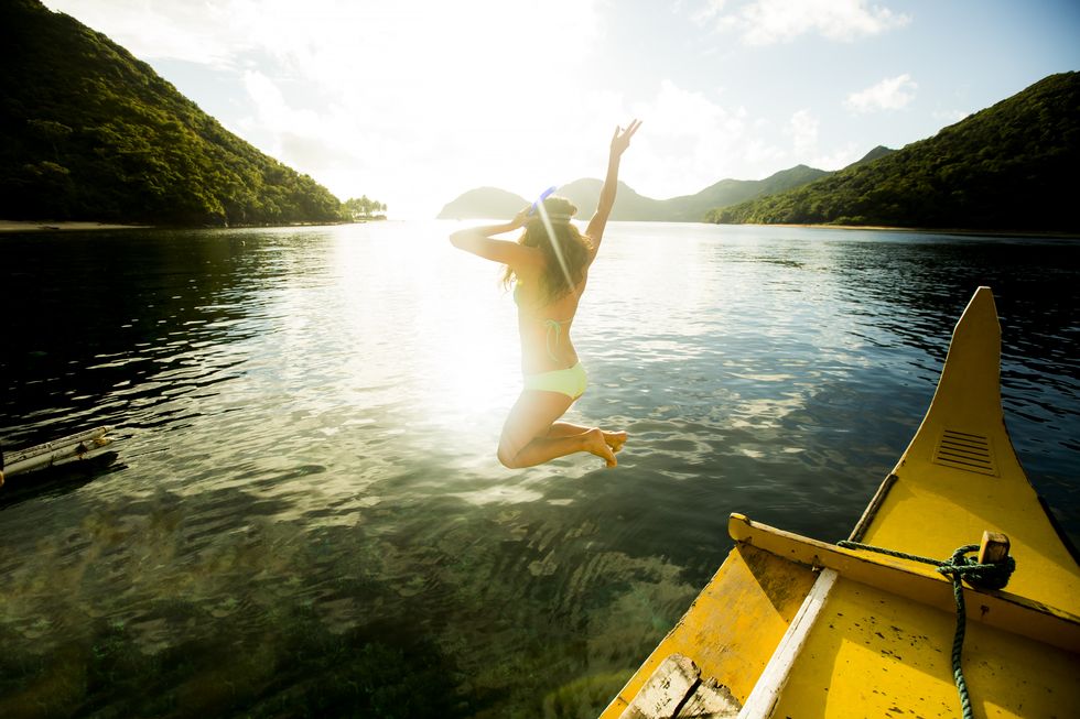 Water, People in nature, Watercraft, Lake, Jumping, Sea kayak, Loch, Kayaking, Exercise, Lake district, 