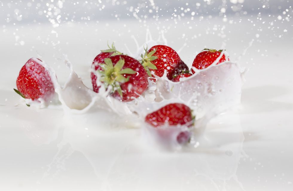 Fruit, White, Red, Produce, Liquid, Strawberry, Strawberries, Natural foods, Still life photography, Garnish, 