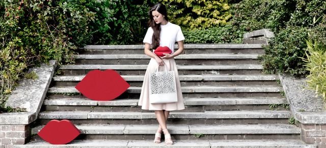 Clothing, Sleeve, Stairs, Human body, Shoulder, Red, Style, Pattern, Street fashion, Dress, 