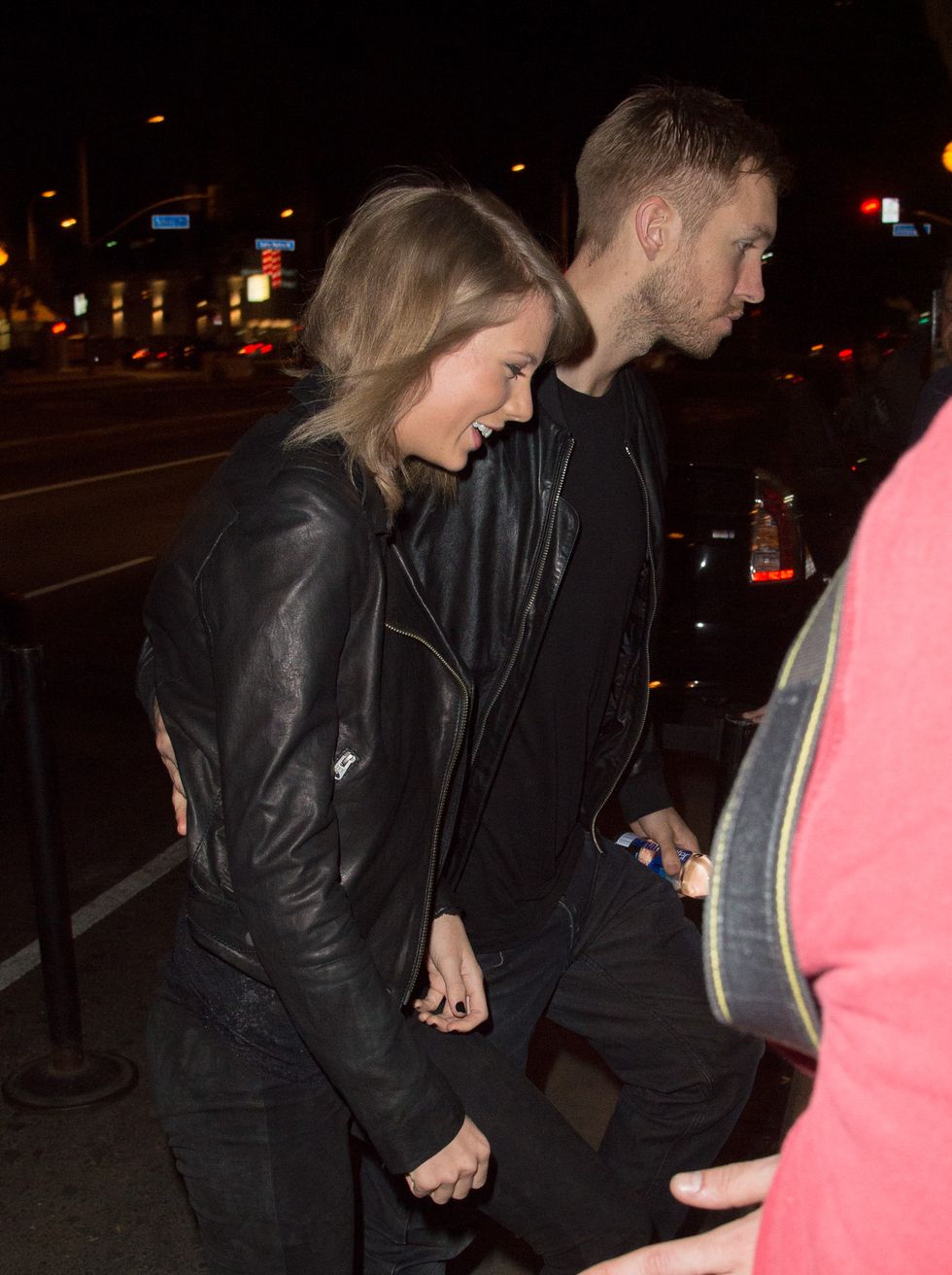 Jacket, Outerwear, Night, Interaction, Leather jacket, Leather, Midnight, Flash photography, Blond, Pocket, 