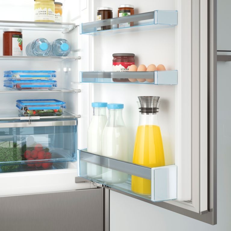 Liquid, Freezer, Major appliance, Kitchen appliance, Home appliance, Shelving, Bottle, Food storage containers, Refrigerator, Peach, 