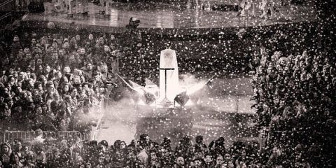 People, Crowd, Audience, Water feature, Monochrome, Fan, Monochrome photography, Black-and-white, Celebrating, Cheering, 