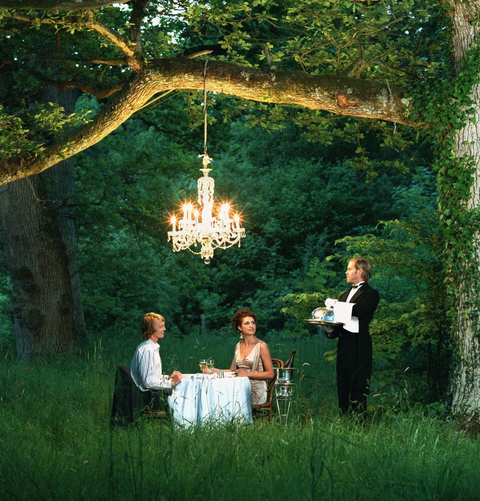 Lighting, Plant, Photograph, Light fixture, People in nature, Chandelier, Spring, Meadow, Outdoor table, Outdoor furniture, 