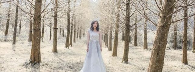 Clothing, Sleeve, Winter, Textile, Dress, Photograph, Formal wear, Gown, Forest, Beauty, 