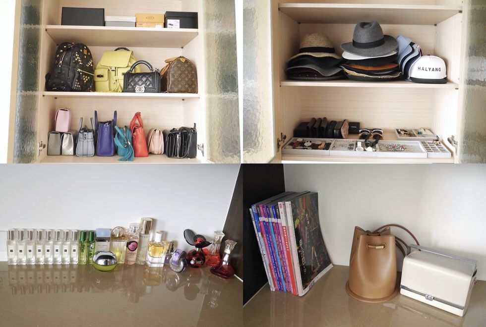 Shelf, Shelving, Room, Bag, Collection, Cupboard, Luggage and bags, Fedora, Leather, Serveware, 