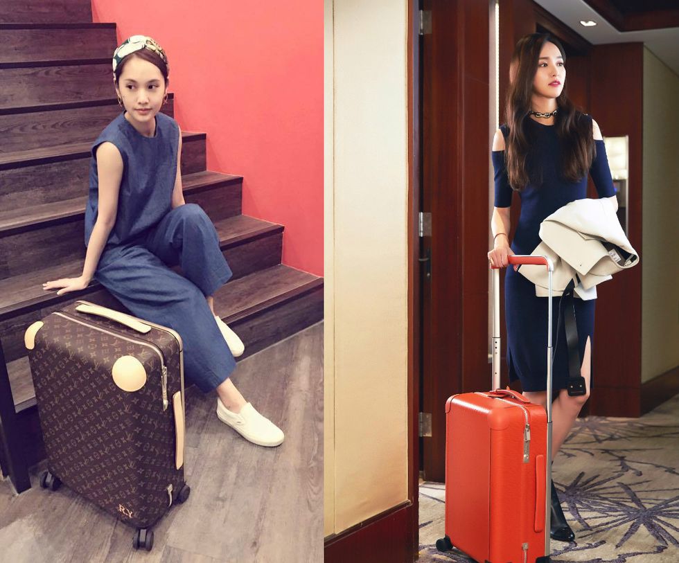 Human leg, Stairs, Sitting, Luggage and bags, Knee, Street fashion, Baggage, Suitcase, Cleanliness, Ankle, 