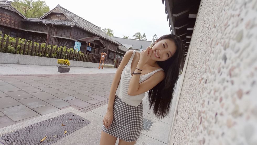 Shoulder, Photograph, Flowerpot, Black hair, Beauty, Street fashion, Thigh, Waist, Long hair, Snapshot, 