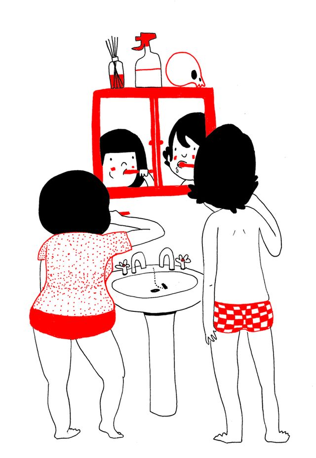 Shoulder, Standing, Red, Interaction, Sharing, Waist, Cartoon, Illustration, Back, Line art, 