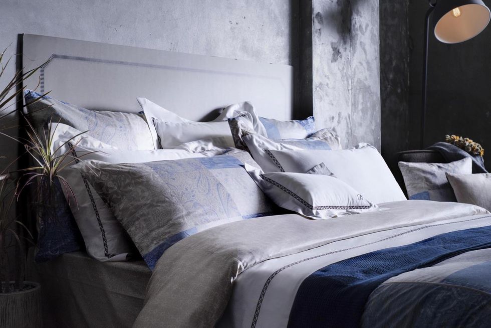 Blue, Room, Textile, Bedding, Linens, Bed sheet, Bedroom, Grey, Bed, Duvet, 