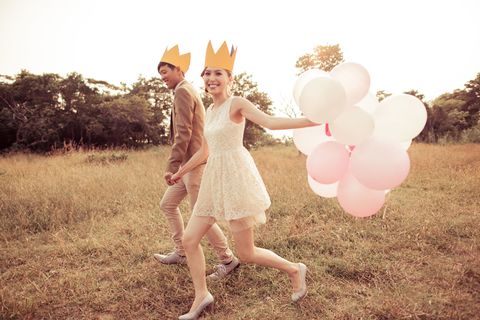 Photograph, Balloon, Happy, Dress, People in nature, Summer, Hat, Party supply, One-piece garment, Love, 