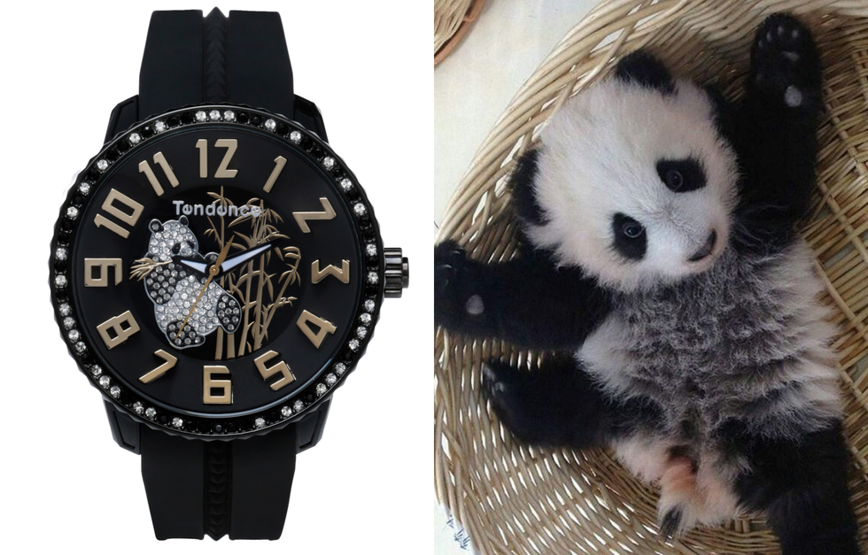 Product, Brown, Watch, Analog watch, Stuffed toy, Panda, Glass, Style, Font, Watch accessory, 