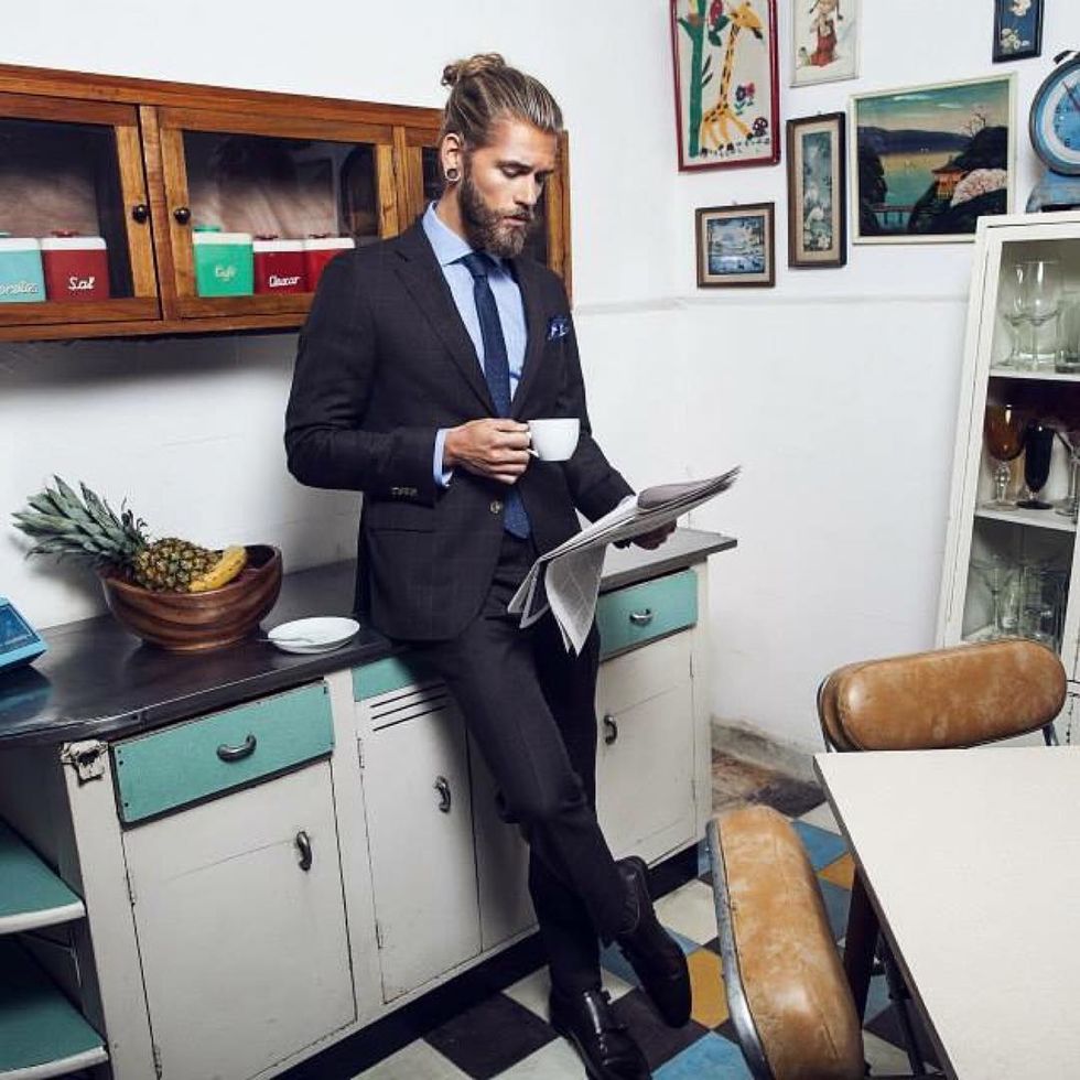 Leg, Dress shirt, Room, Suit trousers, Beard, Picture frame, Blazer, Bread, Cabinetry, Teal, 