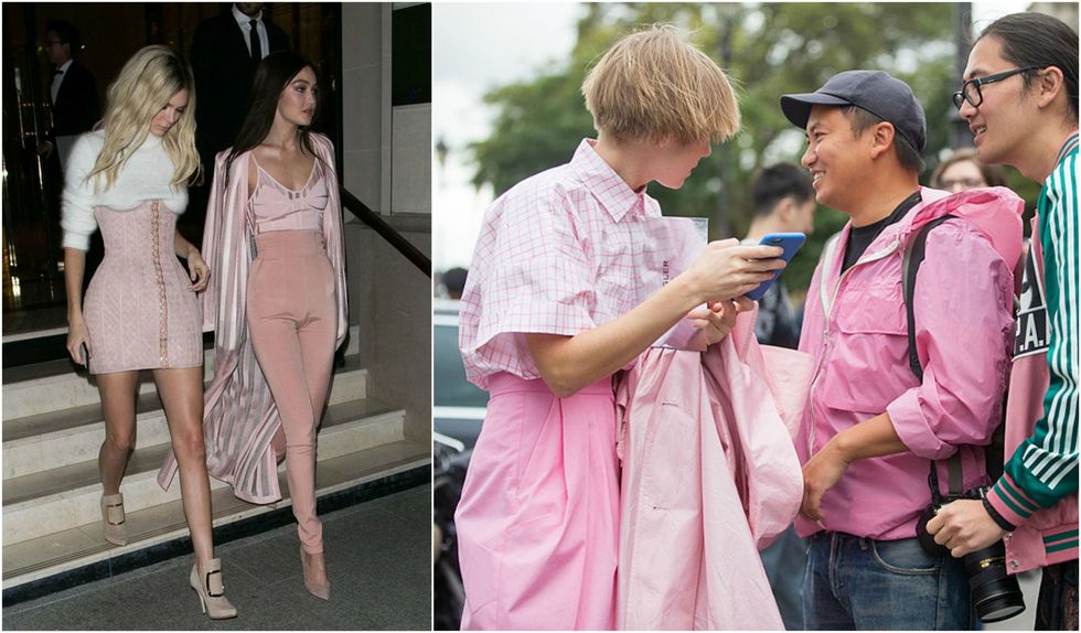<p>Kendall Jenner和Gigi Hadid 都是粉色系的支持者，Gigi的貼身連身裙窄褲帶出成熟感，把衣服全換上粉紅另有另一種味道。連攝影師Tommy Ton及Phil Oh都換上粉色外套，跟著粉色潮流～</p>