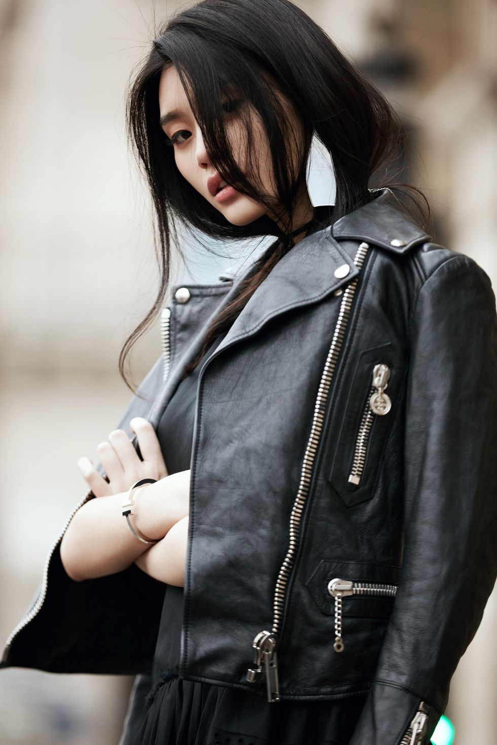 Jacket, Street fashion, Black hair, Fashion, Black, Bag, Leather, Leather jacket, Long hair, Zipper, 