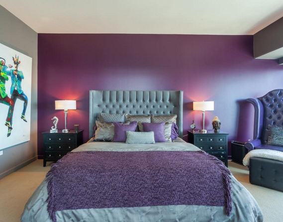 Bed, Green, Room, Lighting, Interior design, Bedding, Bedroom, Purple, Furniture, Textile, 