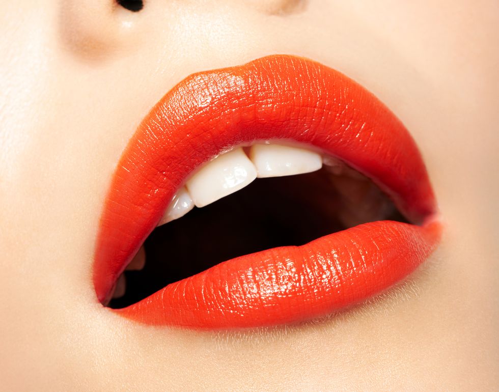 Lip, Red, Mouth, Orange, Lipstick, Close-up, Beauty, Lip gloss, Chin, Nose, 
