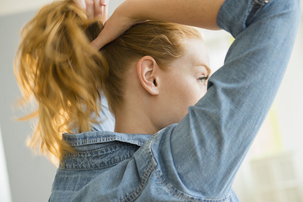 Ear, Hairstyle, Shoulder, Wrist, Elbow, Fashion, Blond, Ponytail, Denim, Long hair, 