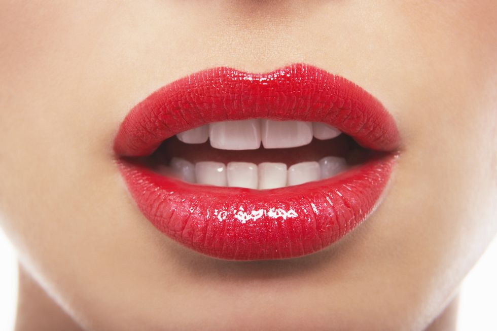 Lip, Red, Mouth, Cheek, Chin, Close-up, Skin, Lipstick, Beauty, Lip gloss, 