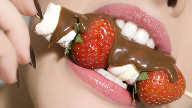 Tooth, Strawberries, Strawberry, Sweetness, Lip, Mouth, Organ, Food, Close-up, Tongue, 