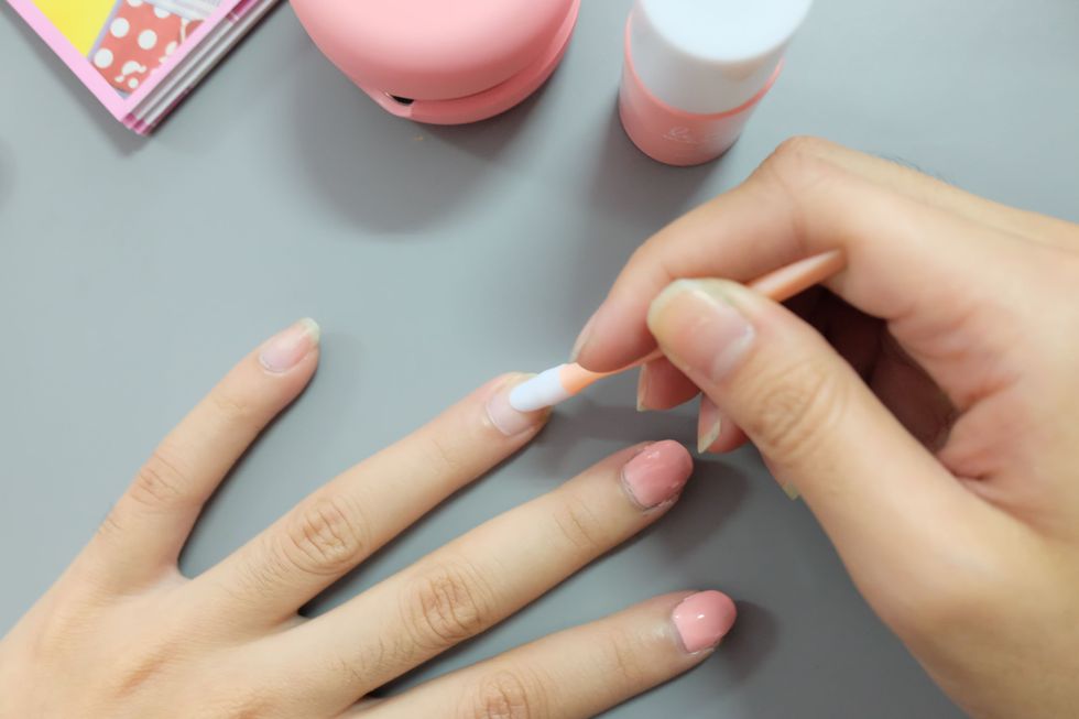 Nail, Finger, Manicure, Skin, Hand, Nail care, Nail polish, Cosmetics, Pink, Peach, 