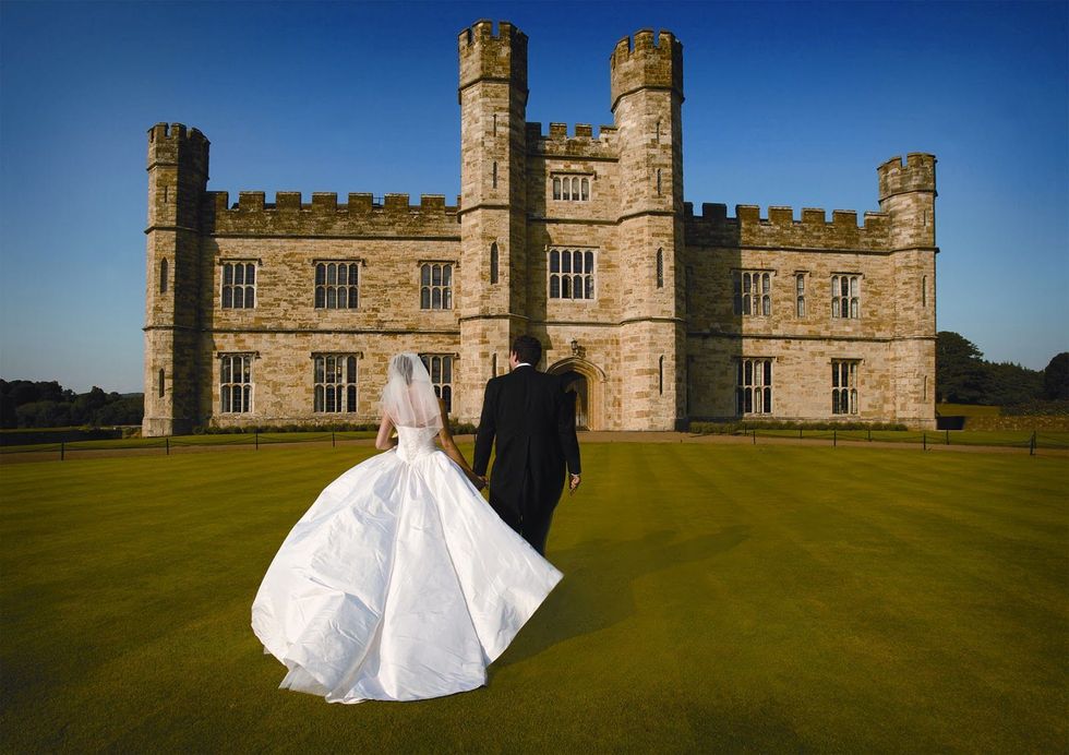 Photograph, Castle, Green, Dress, Bride, Sky, Estate, Wedding dress, Gown, Building, 