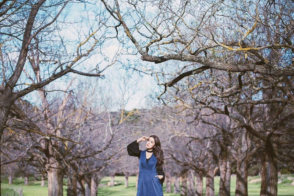 People in nature, Photograph, Tree, Branch, Dress, Yellow, Spring, Sky, Woody plant, Photography, 