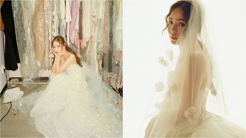 Wedding dress, Gown, Dress, Photograph, Bride, Clothing, Bridal clothing, Veil, Bridal accessory, Beauty, 