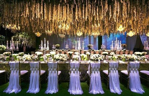 Decoration, Function hall, Lighting, Wedding reception, Event, Ceremony, Floral design, Wedding banquet, Floristry, Tree, 