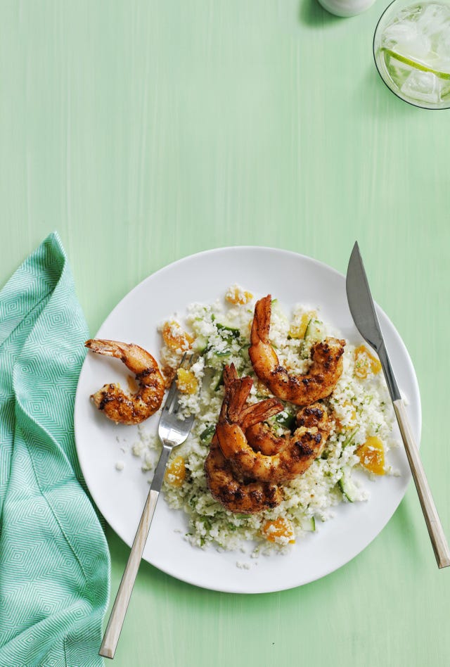 cauliflower couscous with paprika shrimp