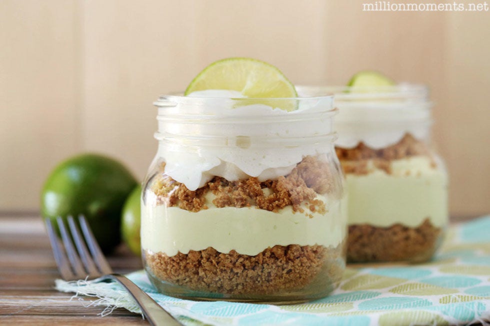 No Bake Key Lime Pie Jars <p>Try making mini pies in <a target="_blank" href="http://www.countryliving.com/food-drinks/g2046/mason-jar-dessert-recipes/">Mason jars</a> for easy layering and individual portions.</p>
<p>Get the recipe at <a target="_blank" href="http://millionmoments.net/2014/07/bake-key-lime-pie-jar.html">Million Moments</a>.</p>