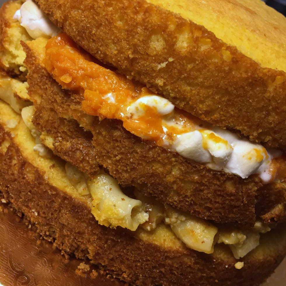Bree's Cakes - Mashed Potato-Fried Chicken-Cornbread Cake - Macaroni and Cheese