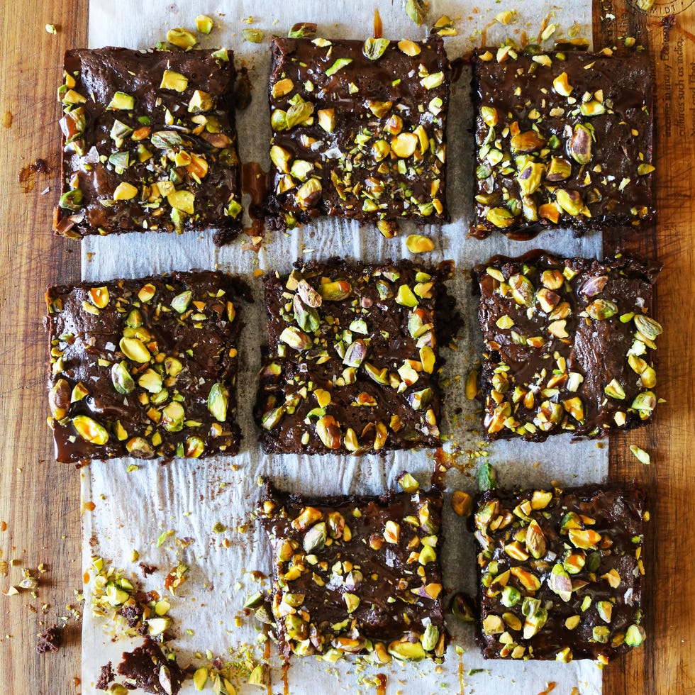 Dark Chocolate Brownies with Pistachios and Easy Salted Caramel Sauce