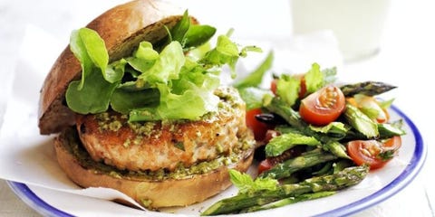 Pesto Salmon Burgers with Asparagus and Tomato Salad