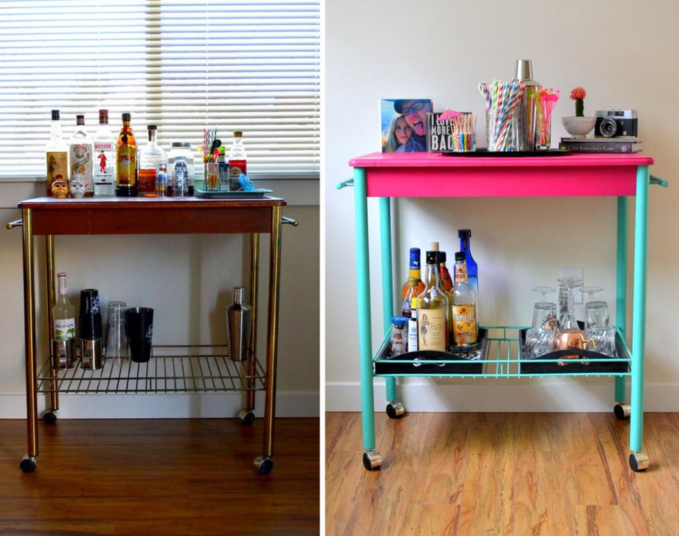 <p>Color lovers, get out your spray paint — this vivid neon bar cart might just be your newest obsession. Tattooed Martha gave new life to the wood and gold finish with bright pink and teal.</p>
<p><a target="_blank" href="http://www.tattooedmartha.com/2014/07/10/tattooed-marthas-bar-cart-makeover/">Find out how at Tattooed Martha »</a></p>

