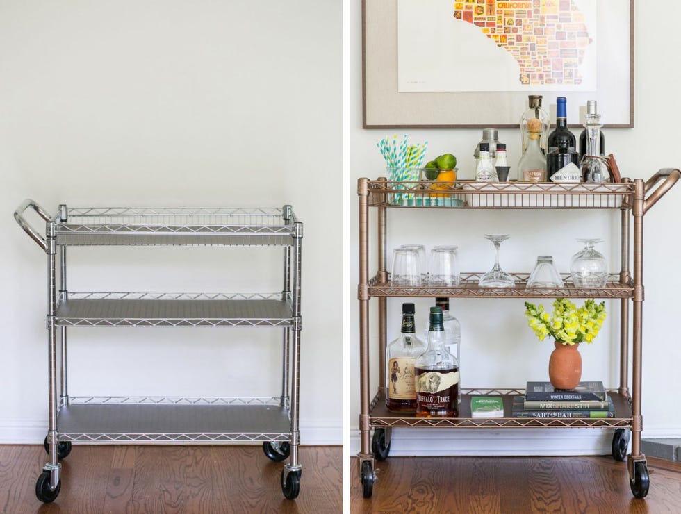 <p>An industrial kitchen cart gets more elegant thanks to some bronze spray paint and leather, which blogger <a target="_blank" href="http://sugarandcharm.com/">Sugar and Chic</a> laid out on the bottom shelf and wrapped around the handle.</p>
<p><a target="_blank" href="http://theeffortlesschic.com/2014/the-home/diy-bar-cart-transformation/">Get the instructions at The Effortless Chic »</a></p>
