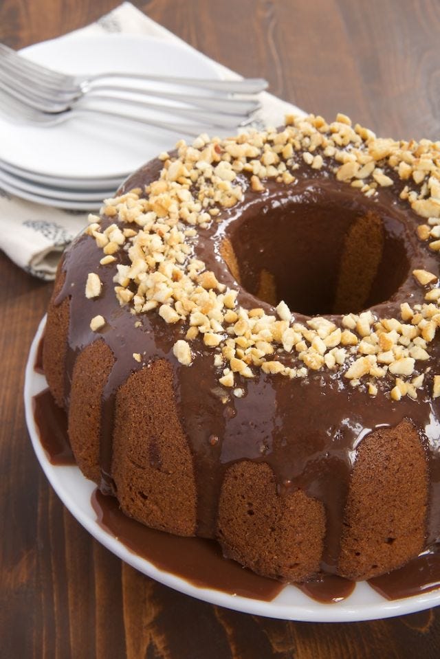 peanut butter bundt cake milk choc ganache